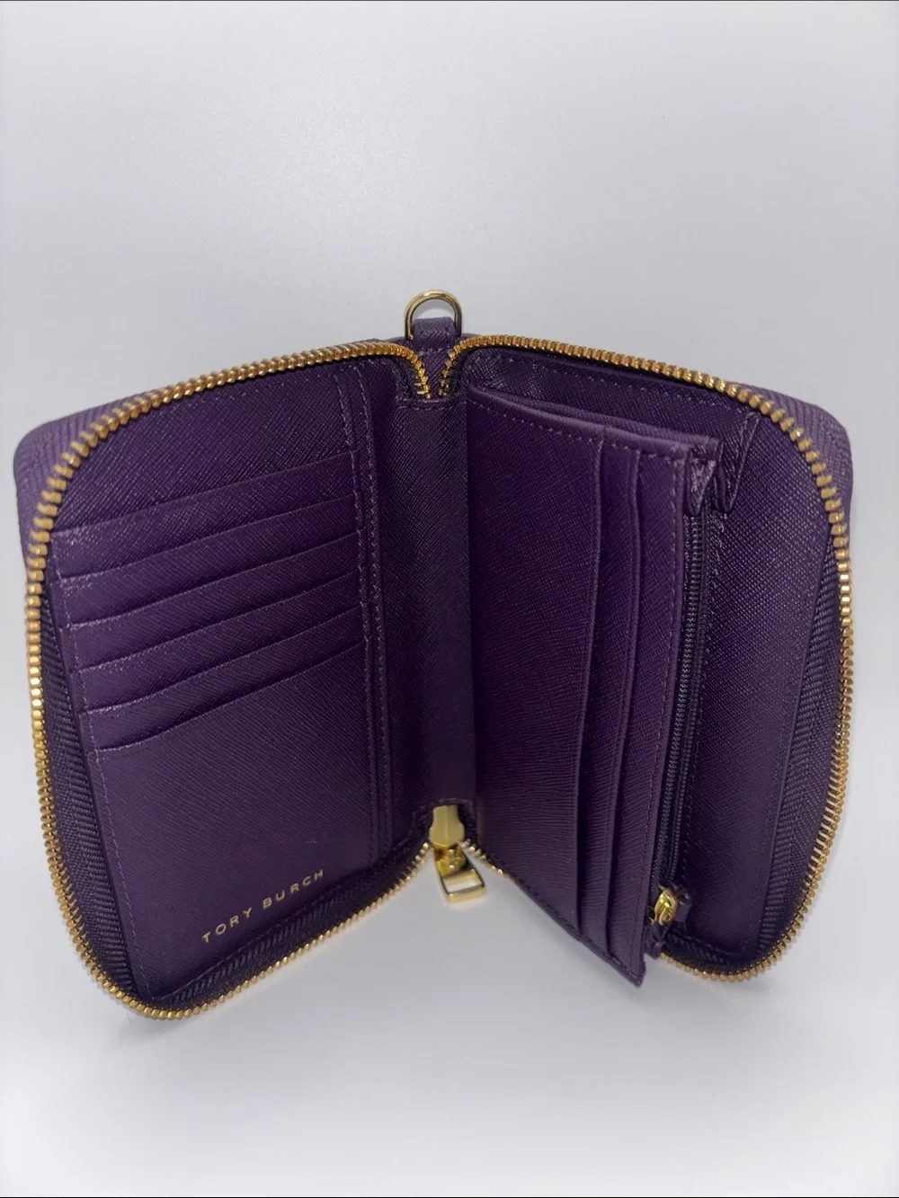 Tory Burch Deep Purple Leather Zip-Around Wallet with Gold Logo